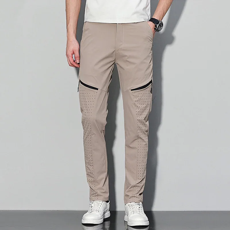 

Мужские летние тонкие свободные брюки прямого кроя с зауженными штанинами, дышащие, из ледяного шелка, быстросохнущие, больших размеров, повседневные спортивные штаны