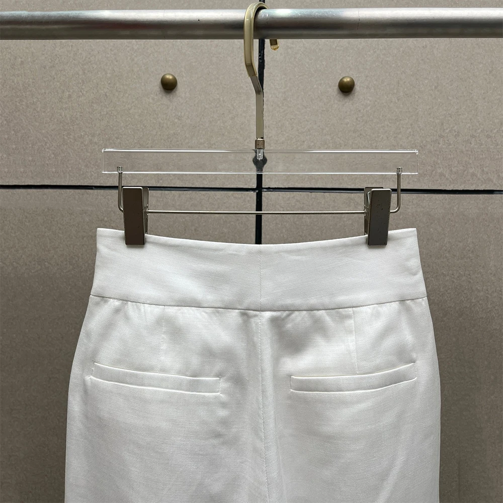 Women's White High-Waisted Pleated Tapered Linen Blend Pants Cropped Straight Leg Casual Office Work Summer Bottoms