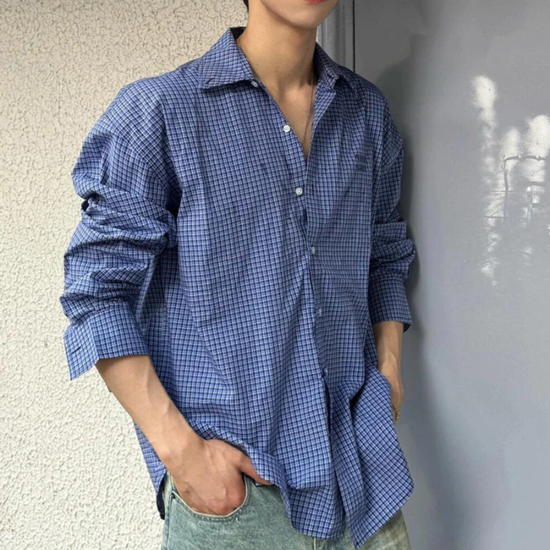 

Корейская версия ретро синей клетчатой рубашки с длинными рукавами и вышивкой, модная брендовая повседневная свободная рубашка