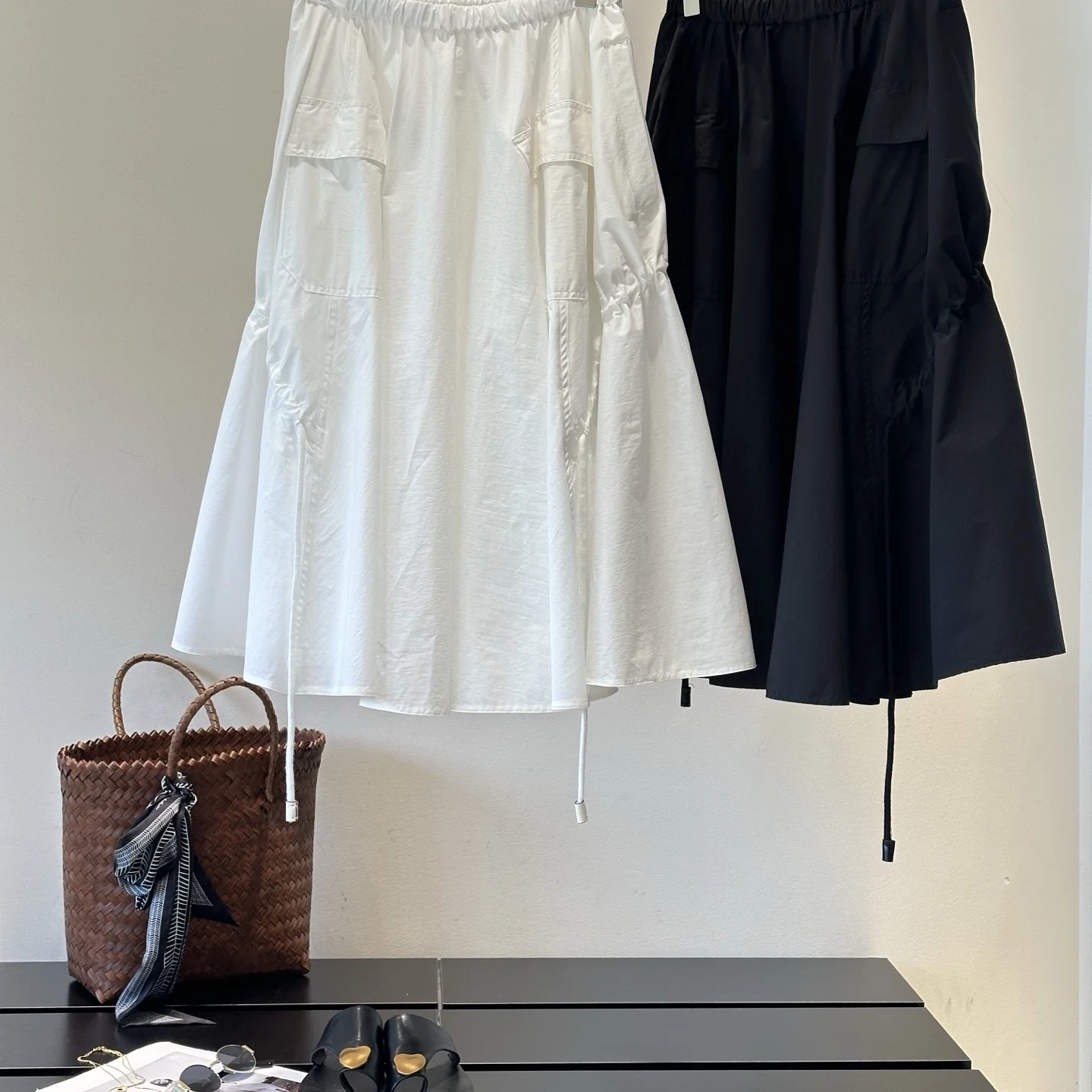 

Women's Summer A-Line Skirt Elastic Waist Drawstring Double Pockets Label Umbrella Skirt Cotton Material