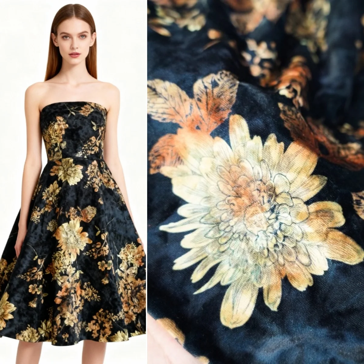 

Autumn and winter black background gold flower gold velvet smooth and soft fabric sewing dress cheongsam DIY fabric