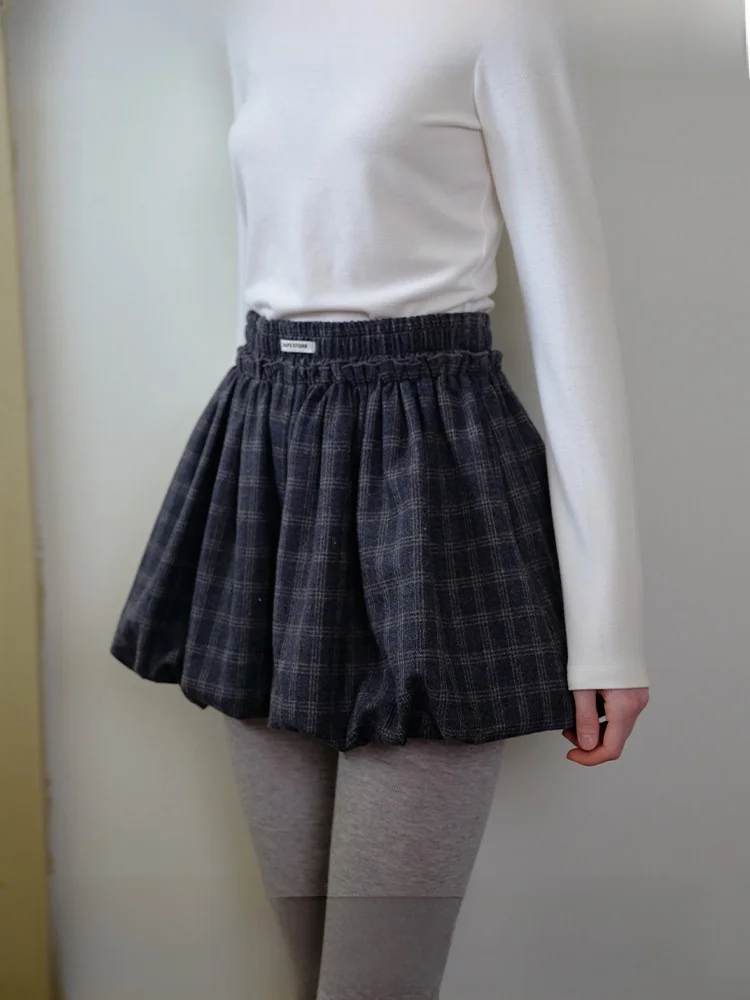 NAPSNAPS Original Plaid Lantern Skirt Pants Women's Spring Autumn High Waist Elastic Vintage School Style Woolen Shorts