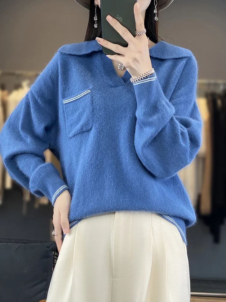 Fashion Women Cashmere Sweater POLO V-neck Pullover Autumn Winter Female Clothing Casual Warm 100% Mink Cashmere Knitted Jumper