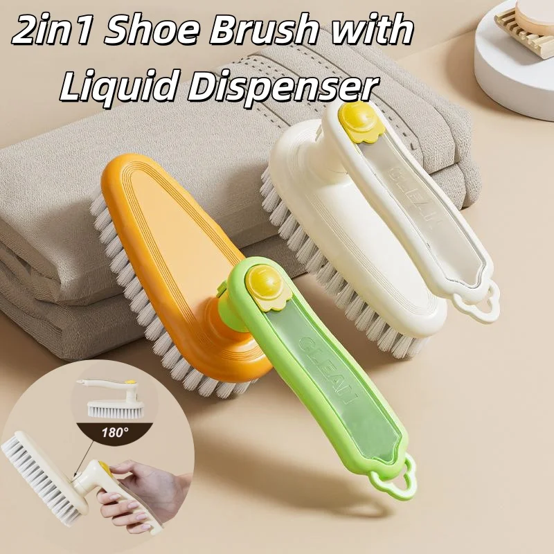 Brosse à chaussures 2 en 1 avec distributeur de liquide, brosse de nettoyage rotative à Long manche, brosse à chaussures remplie de liquide