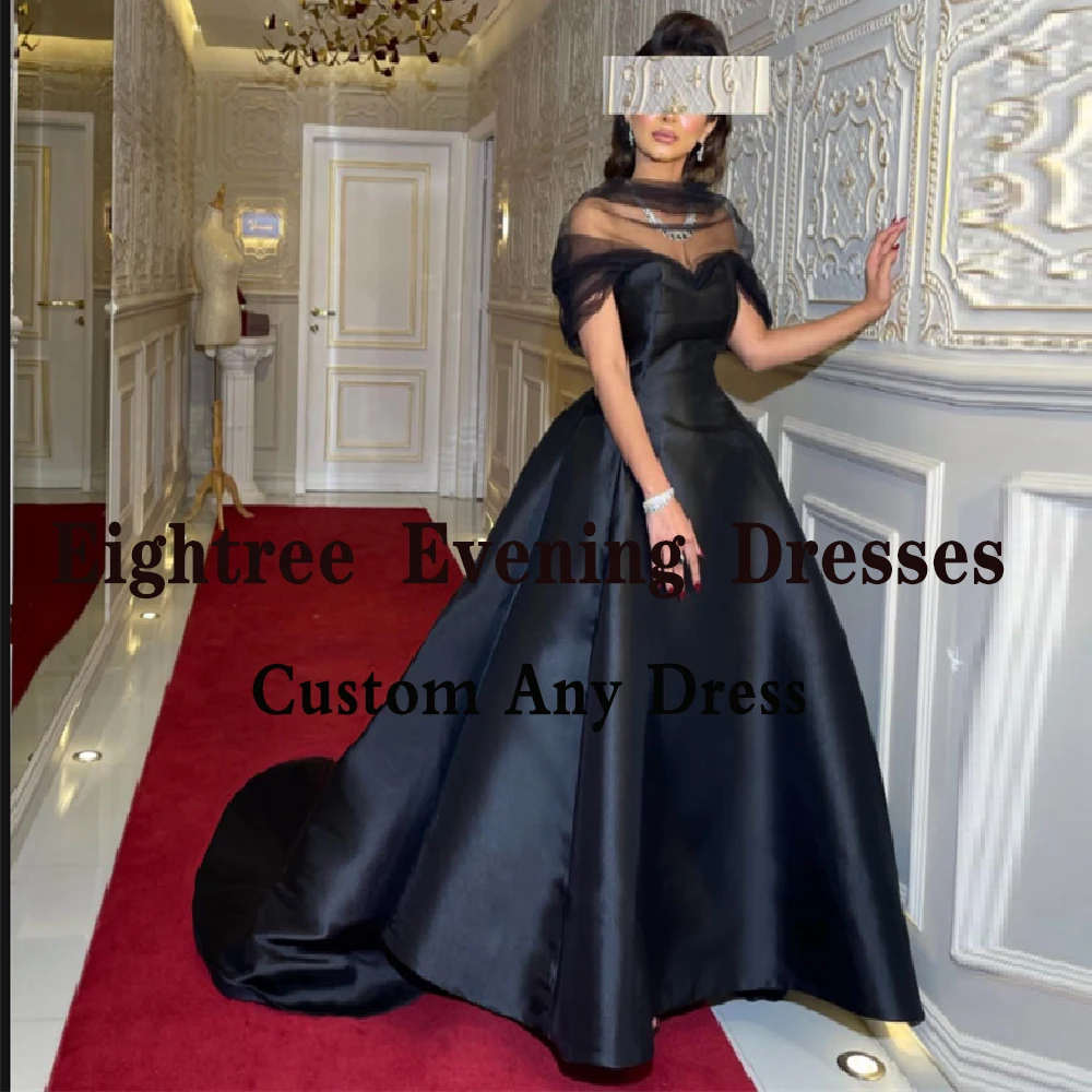 Modern Black Long Dubai Evening Dresses High Neck A Line Satin Tulle Night  Prom Party Dress Ball Gowns Vestidos de festa