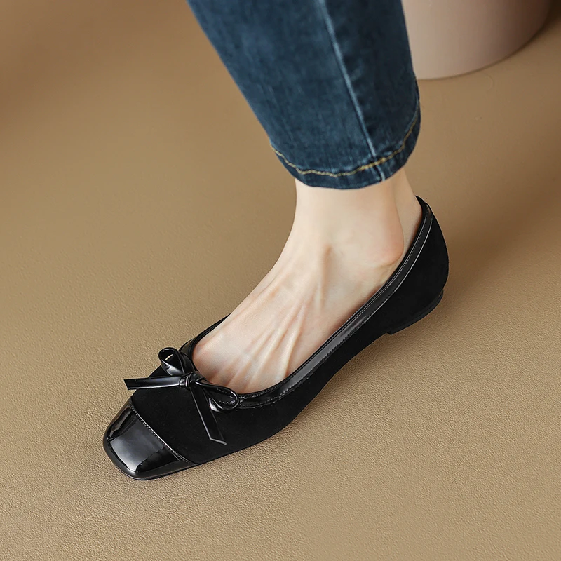 2024 Spring New Kid Suede Low Heel Women Shoes Chunky Heel Square Toe Women Pumps Butterfly-knot Shallow Casual Leather Shoes