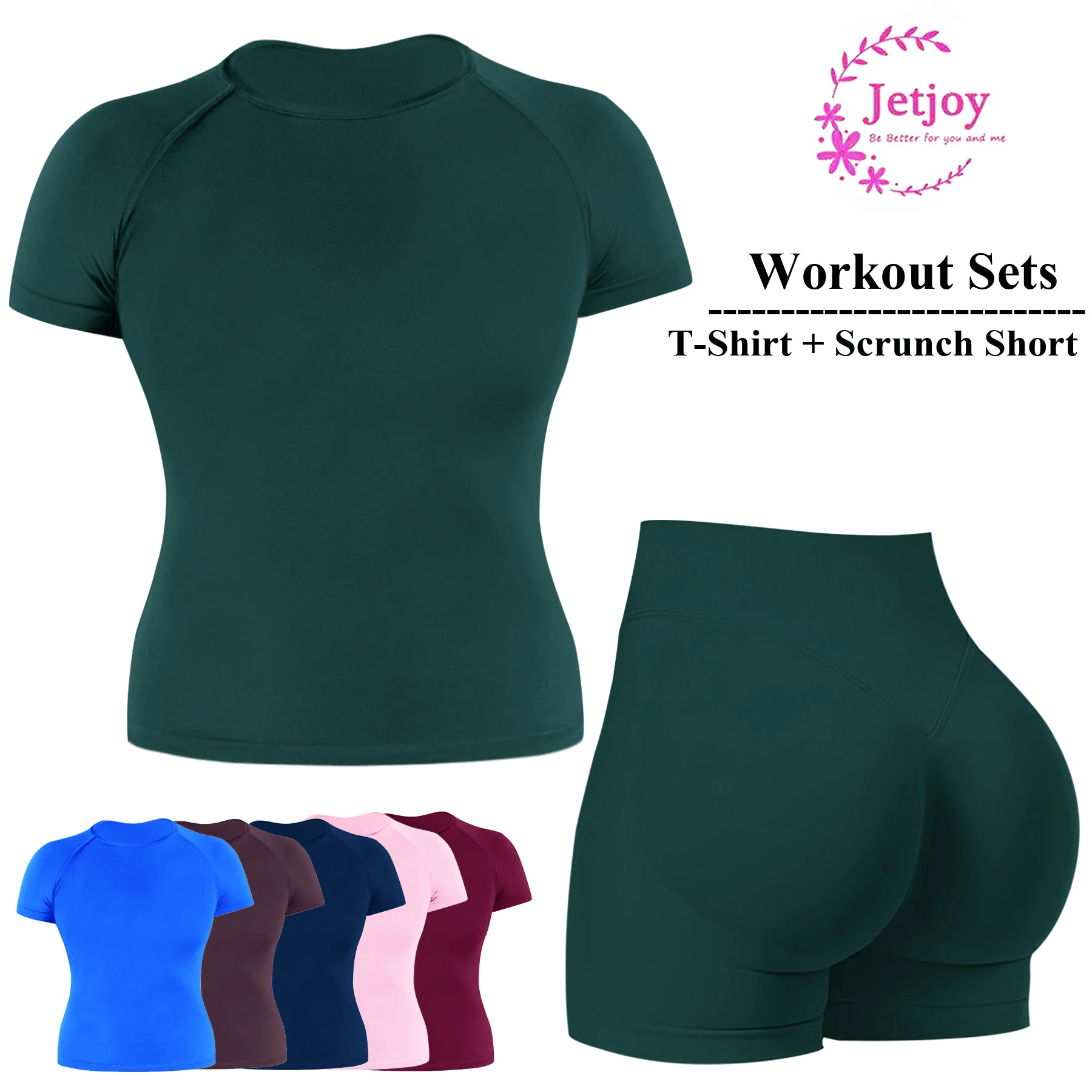 

Jetjoy Workout Sets for Women 2 Pieces, Seamless Crop Top Short Sleeveless T-Shirt+Scrunch Butt-Lifting Tummy Control Shorts Gym