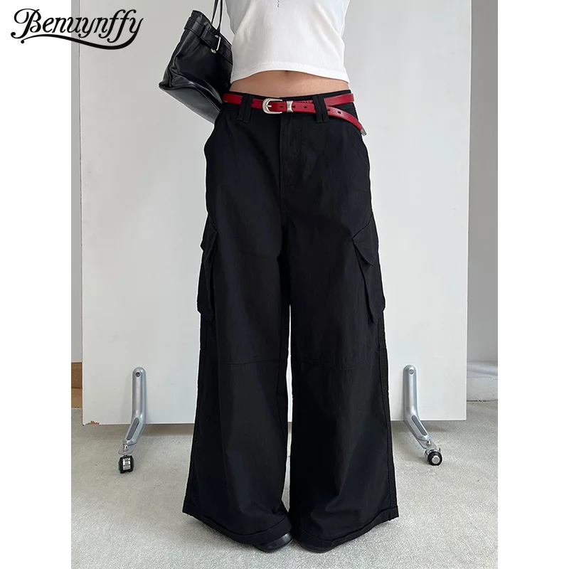 

Джинсы Benuynffy винтажные, с низкой посадкой, свободные, карго, женские, весна 2026, новинка, в стиле High Street Y2K, с множеством карманов, широкие джинсовые брюки