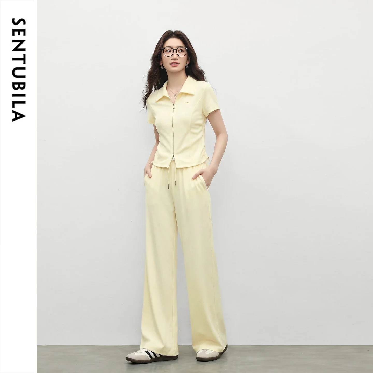 SENTUBILA Summer Women 2 Piece Pant Set Woman Casual Outfit Collared Zip T-shirt & Drawstring Elastic Waist Wide Pants 162ZF7508