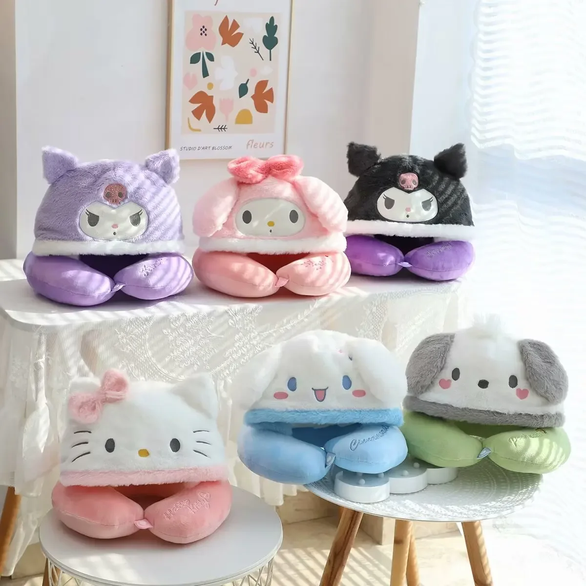 

Sanrio My Melody Cute Anime U-shaped Pillow with Cap Kuromi Pochacco Stitch Travel Neck Pillow Nap Pillow Gifts For Girl Adult