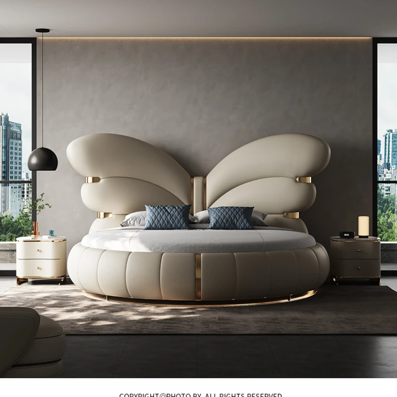 Italian modern luxury leather bed luxury master bedroom designer cream wind 2 meters big round bed