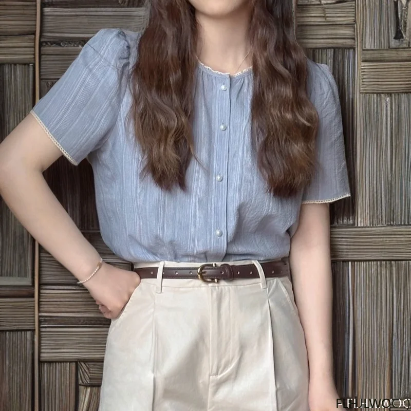 코튼 블렌드 블루 스트라이프 상의, 귀여운 일본 스타일, 소녀 레트로 빈티지 캐주얼 싱글 브레스트 단추 셔츠, 여름