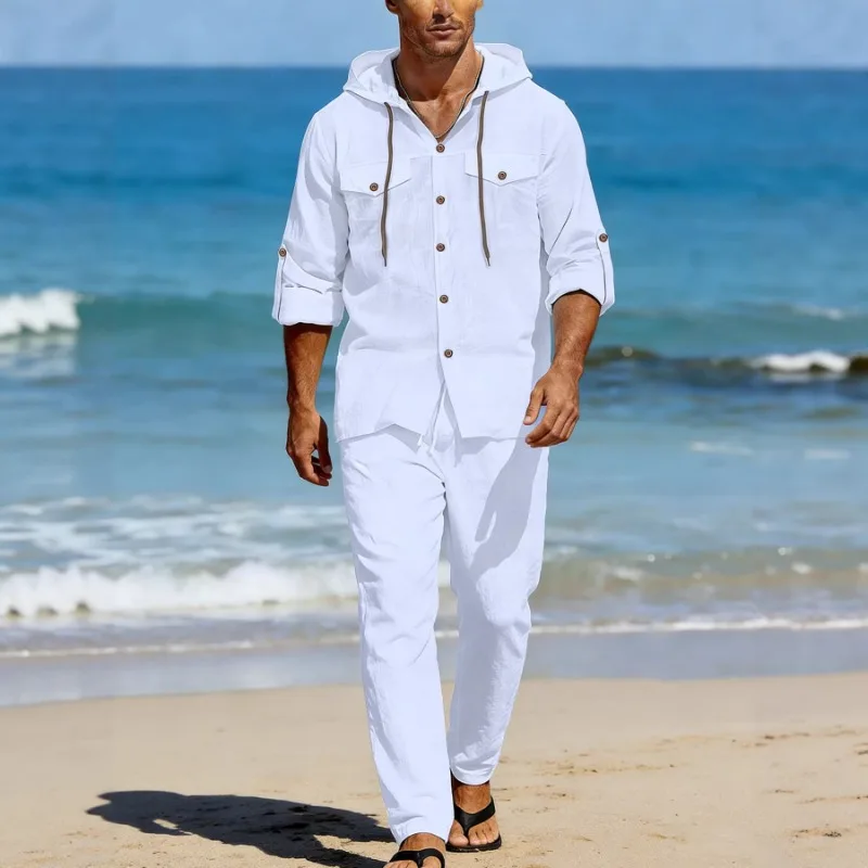 

Мужской белый льняной комплект из 2 предметов: рубашка на пуговицах с капюшоном и брюки на шнурке, повседневный пляжный наряд