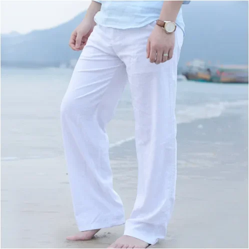 Men Casual Cotton Linen Wed Leg Thai Fisherman Loose Long Pant White Black Solid Color Autumn Summer M-3XL