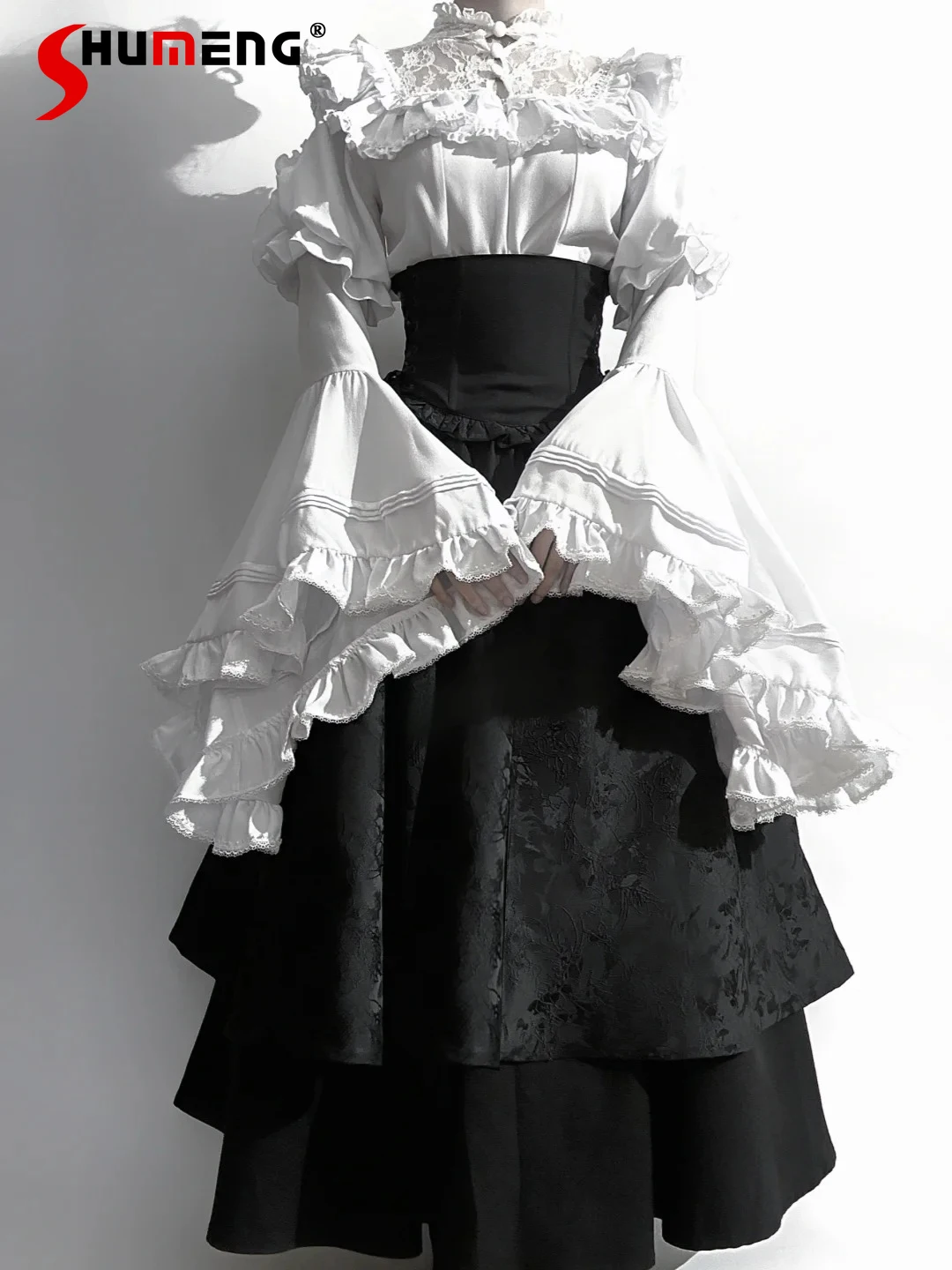 

Halloween Lolita Skirt Set Subculture Gothic Dark Big Flare Long Sleeve Top High Waist Black Long Skirt Two-Piece Set for Women