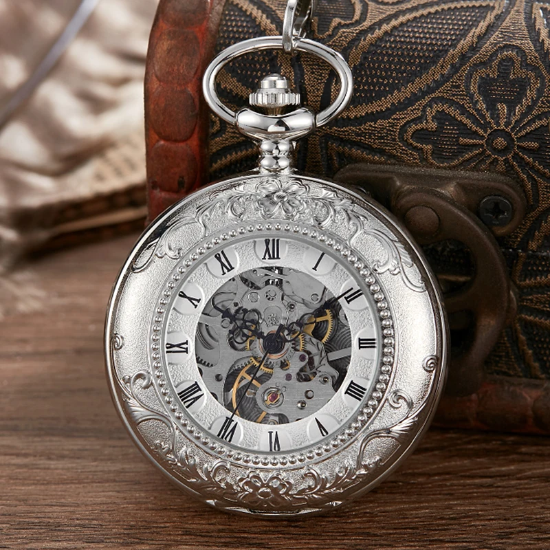 New Retro 2 Sides Flip Cover Carving Roman Numerals Mechanical Pocket Watch For Men Women Fob Hand Wind Mechanical Chain Pendent