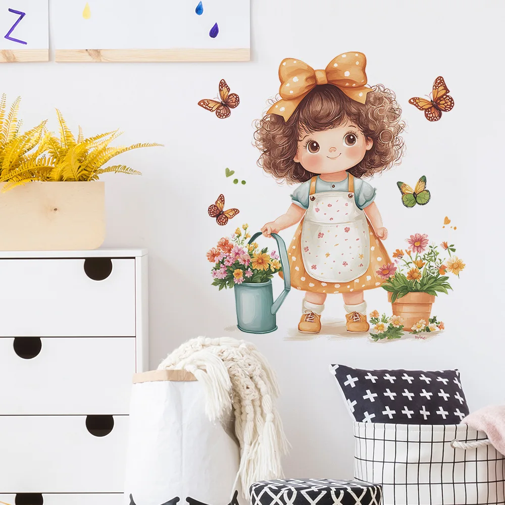 

Cartoon Little Girl Flowerpot Wall Sticker Kids Room Background Decor Mural Baby Bedroom Home Decoration Self-adhesive Wallpaper