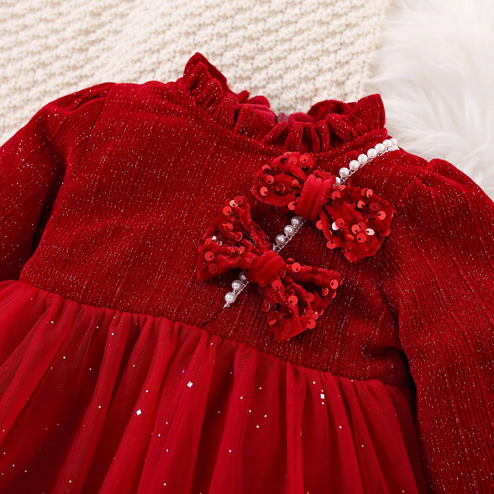 Christmas Red Baby Girl Dress Long Sleeved Plush Gold Velvet Sequin Bow Tie Mesh Party Princess Dress