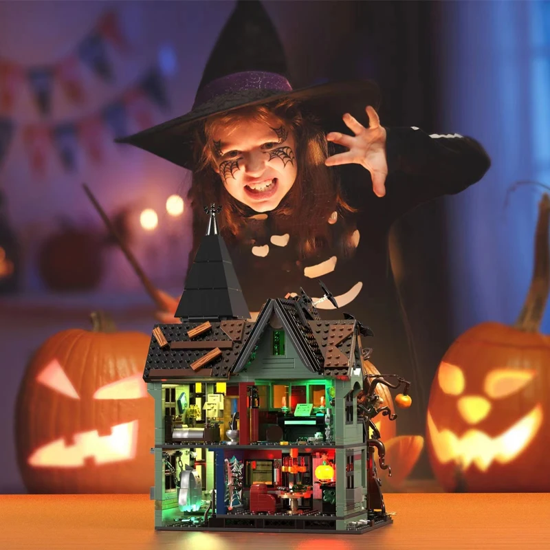 MOC Halloween Scene Scream Haunted House Building Blocks with Lights Ideas Sets Adulte Construction Bricks Toys Christmas Gift