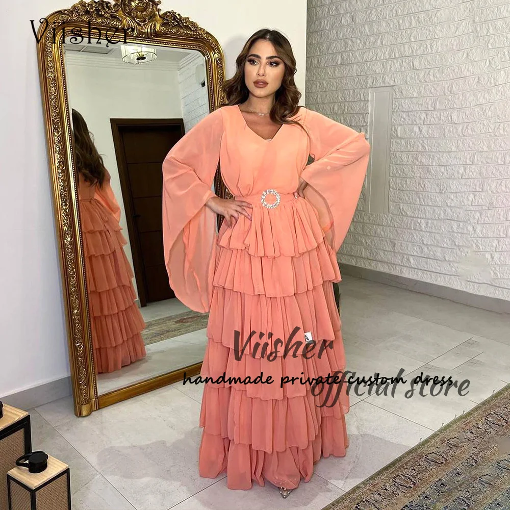 

Viisher Peach Chiffon A Line Evening Dresses Long Sleeve V Neck Prom Party Dress Floor Length Dubai Arabia Formal Gowns