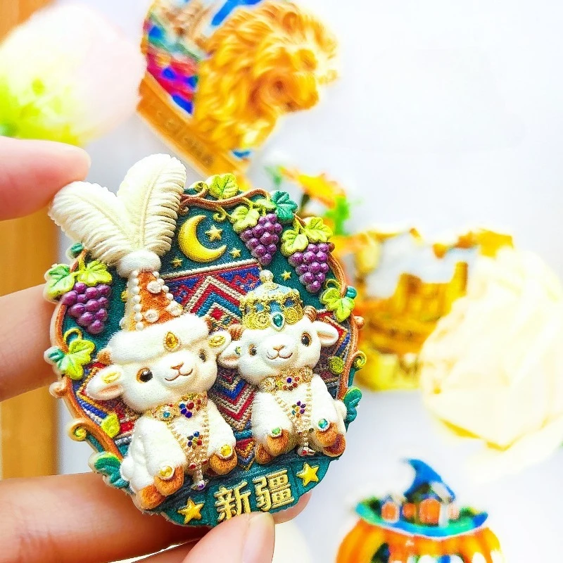 Xinjiang China Fridge Magnet - Charming 3D Lamb & Grape Souvenir Unique Pastoral Gift for Travel & Rustic Kitchen Decor