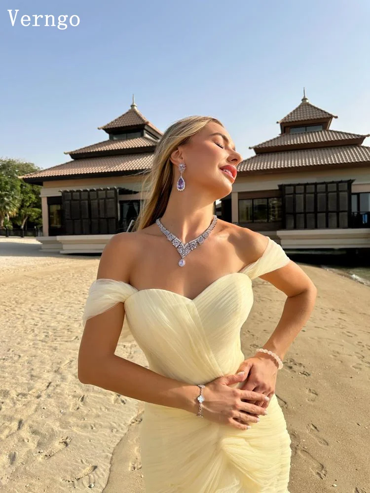 Verngo バターイエロー チュール イブニングドレス オフショルダー マーメイド プリーツ フォーマル オケージョン ドレス エレガント プロムドレス カスタマイズ