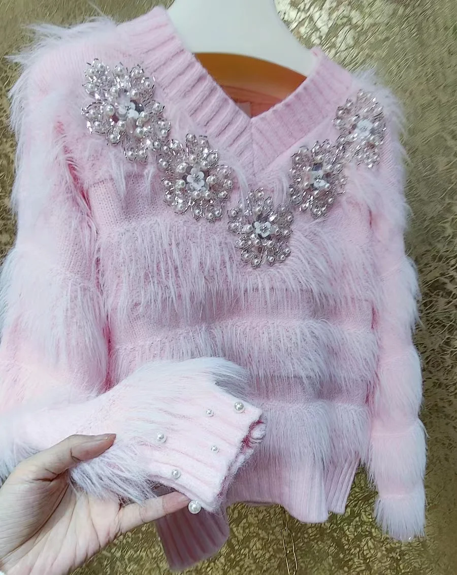 Luxury Style Sparking Beaded Sequined Faux Fur Warm Sweater for Women Autumn/Winter Knitwear Pink Pullover Top ropa de mujer