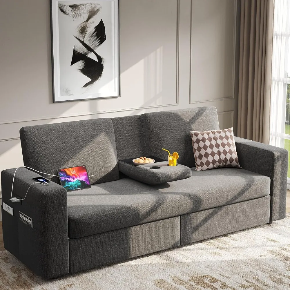 75” Loveseat Sofa with 2 Drawers, USB & Type-C Charging Port, Comfortable Linen Living Room Sofa with Small Table Board