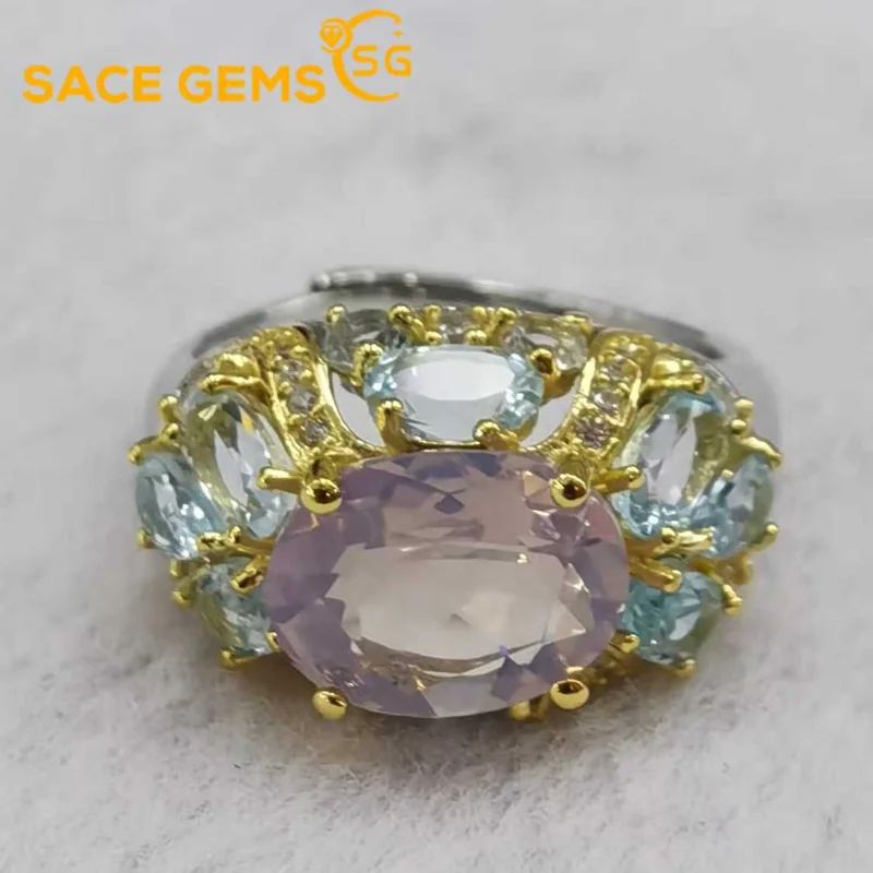 

SACE GEMS New 925 Sterling Silver 8*10MM Natual Lavender Crystal Rings for Women Engagement Cocktail Party Fine Jewelry Gift