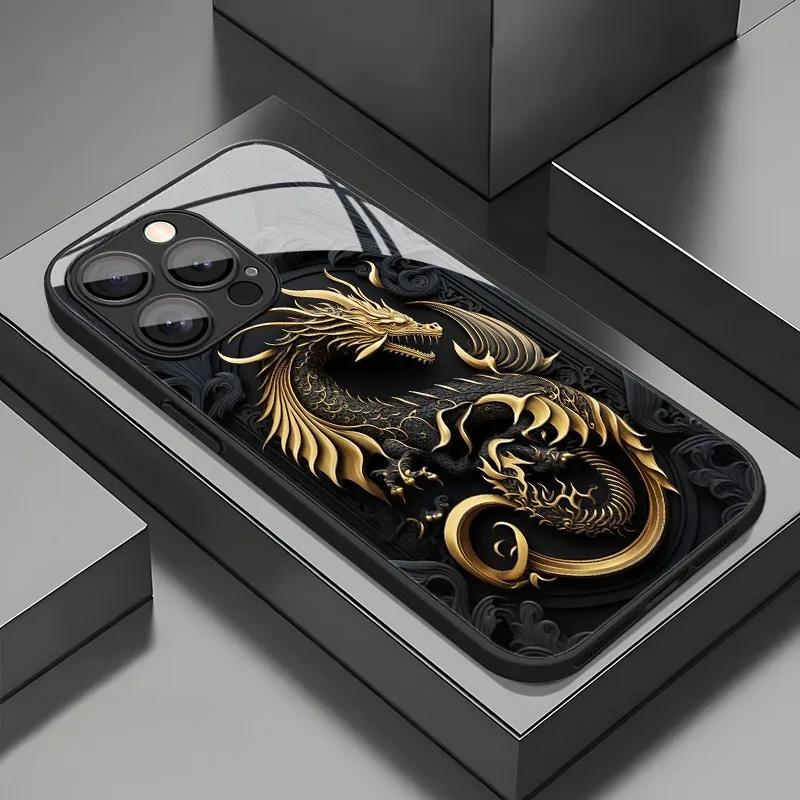 

Luxury Golden Dragon Pattern Tempered Glass Phone Case For iPhone 17 Pro Max 16 15 14 13 12 11 16E 17Air 7 8 Plus XR XS X Cover