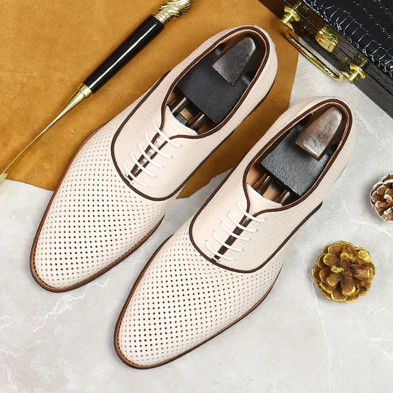 Business Shoes Hollow Breathable Mesh Formal Wear First Layer Genuine Leather British Wedding Versatile Leather Shoes for Men