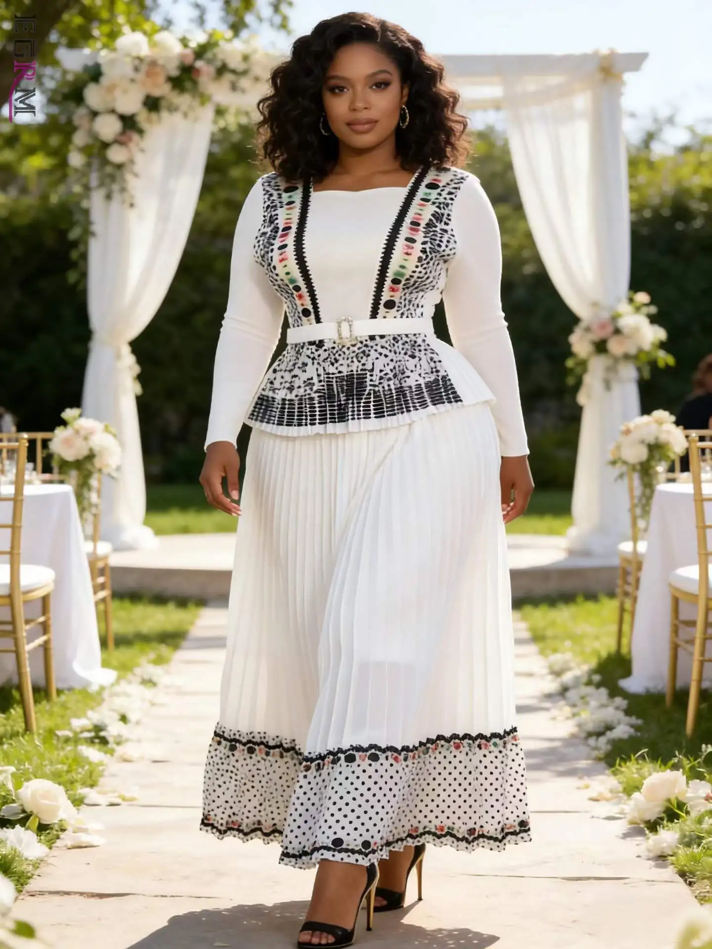 

2026 New Miyake Pleated Plus Size Skirt Set Arrival Loose-Fit Fashionable Vintage Print Bell-Sleeve Relaxed Skirt Set