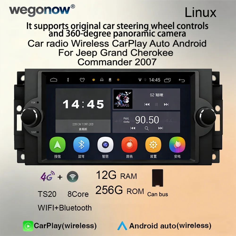 Radio para Auto de 7 Pulgadas con Pantalla IPS y Sistema Linux para Jeep Grand Cherokee/Commander 2007, CarPlay Inalámbrico, Android Auto, 4G, WiFi, GPS, RDS, Bluetooth