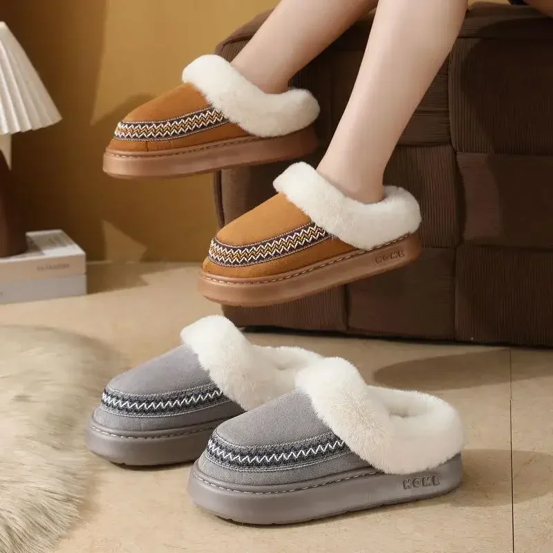 Damen-Hausschuhe aus Kunstwildleder, dick, warm, lang, mit Plüschfell, Winter-Plateau-Schneestiefel für drinnen und draußen, bestickte Herren-Mules-Schuhe – Detail 4