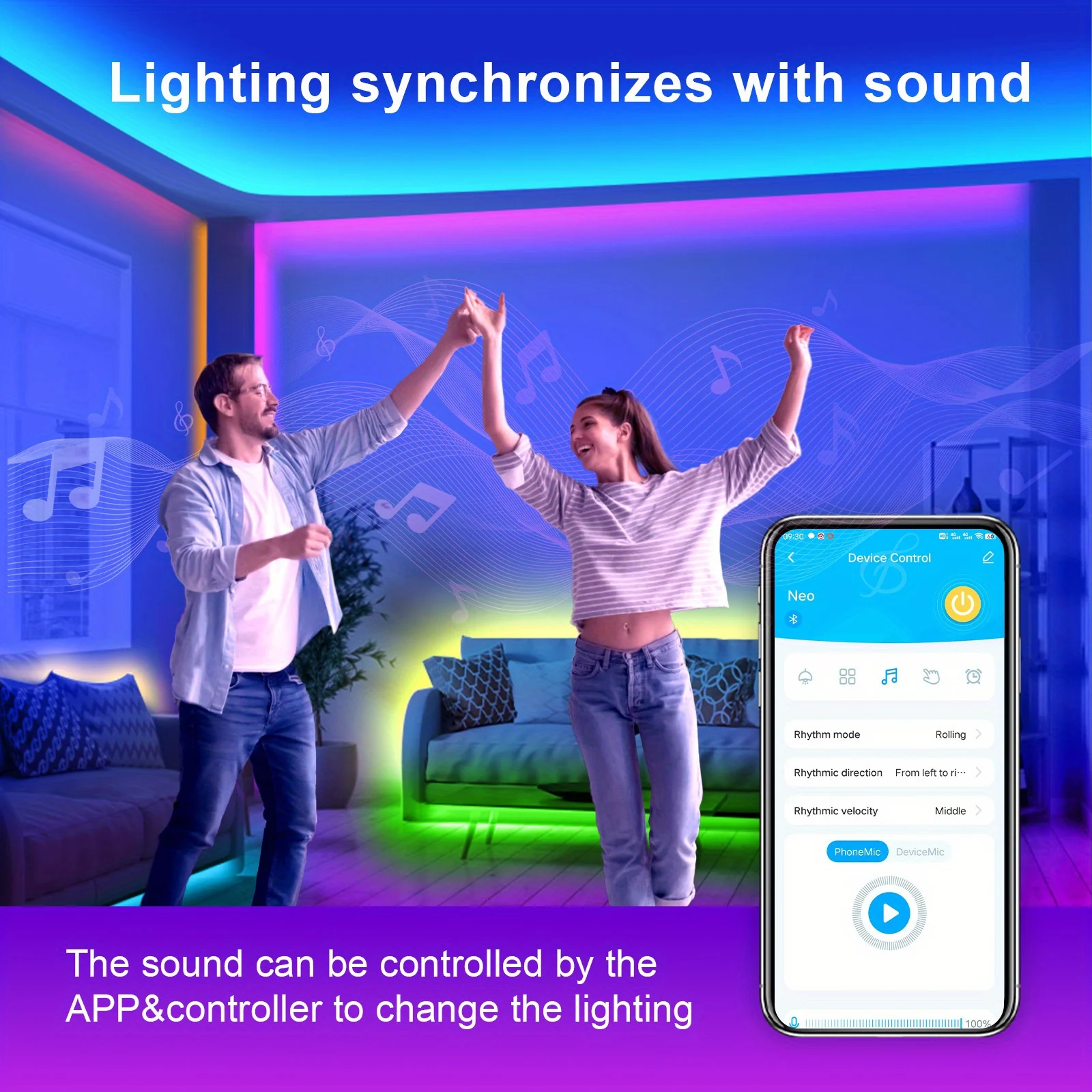 Bande lumineuse LED, 100 règles de synchronisation musicale, microphone intégré, contrôle du programme d'application LED avec télécommande, bande lumineuse RVB, bande lumineuse RVB de synchronisation adaptée au salon, chambre à coucher, cuisine, école, Noël, fête d'anniversaire