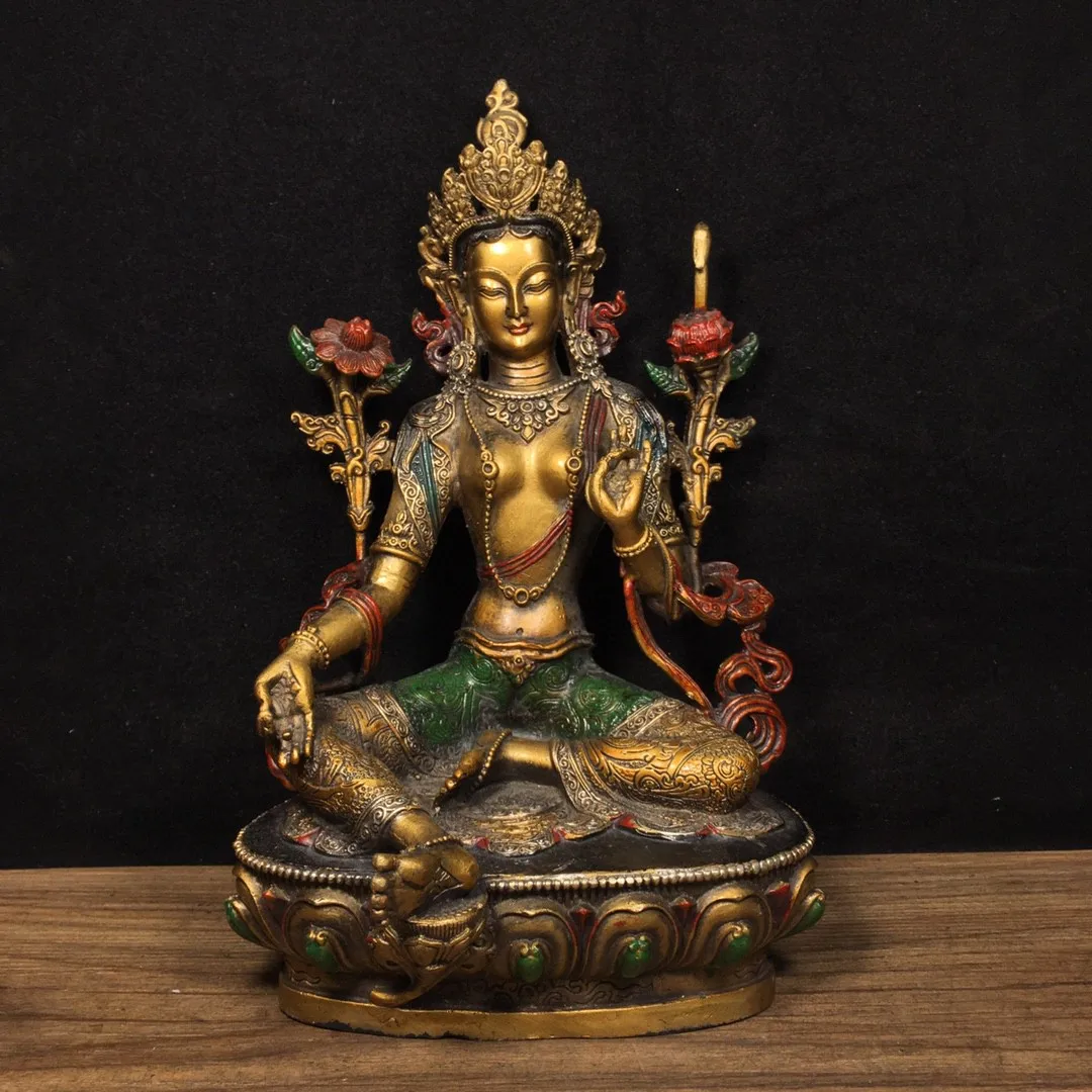 

Tibetan old bronze Buddha bronze painted twenty-one green Tara Guanyin Buddha ornaments home Buddhist supplies jewelry 21cm