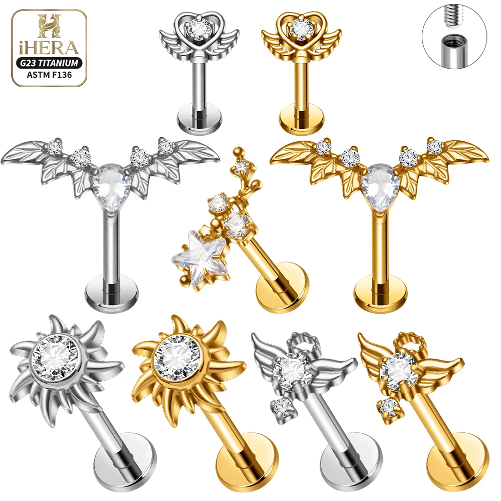 ASTM F136 Titanium Angel Wings Sun Star CZ Flat Back Earrings Set Helix Tragus Conch Labret Lip Nose Cartilage Piercing Jewelry