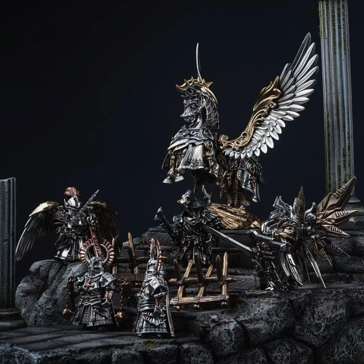 Ancient general war winged horse decorated statue figure, luxury silver and gold winged horse ornament, living room study desk a