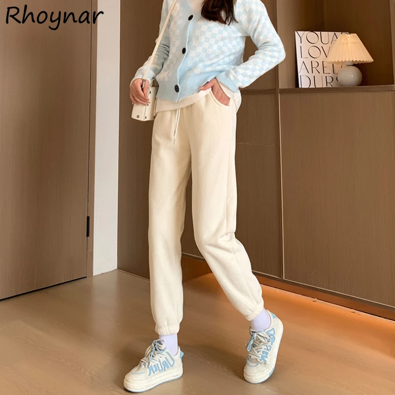 

High Waist Pant Women Corduroy Plus Velvet Loose Thicken Keep Warm Winter Outdoor Korean-style Sporty Solid Simple Schoolgirls