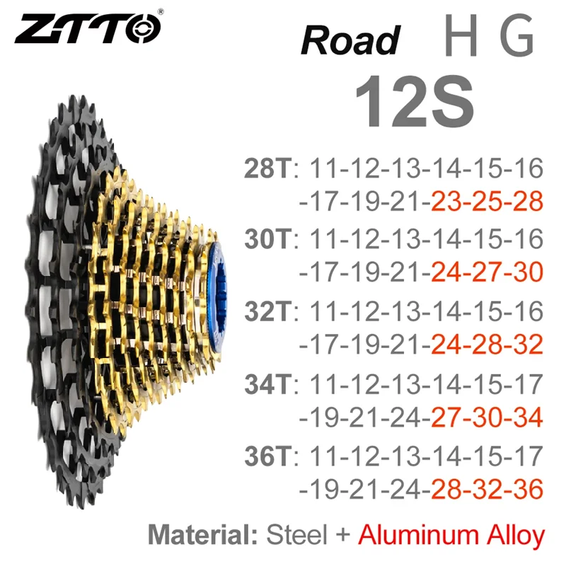 ZTTO Black-gold HG Road Bike Cassette Ultralight 11s 12s 11-28/30/32/34/36T Sprocket 11/12 Speed Gravel K7 112g~156g