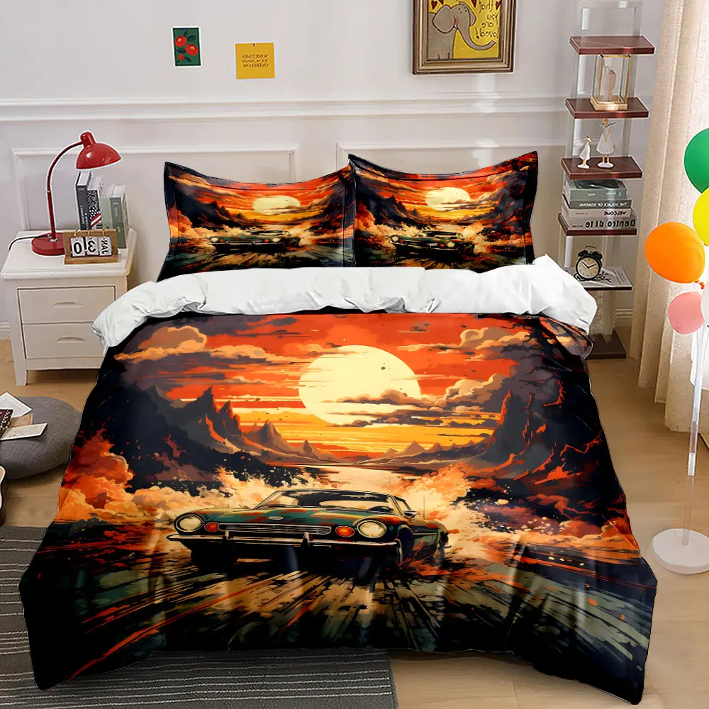 Classic car racing under sunset Print Bedding Set 1 Duvet Cover 2 Pillowcases for Adult and Children Luxury Gift Full Size