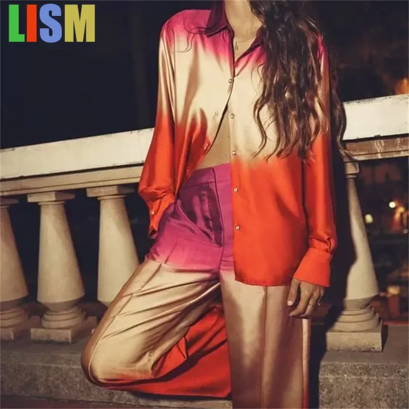 

LISM winter woman festivals outfit Tie Dye Print Shirt Satin Pants Set Long Sleeve Button down Top And High Waist Trousers