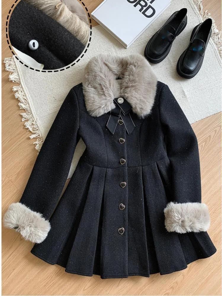 High Quality Women Elegant Woolen Coat Warm Winter Sweet Faux Fur Collar Woolen Dress Female Vintage A-line Party Style Dresses