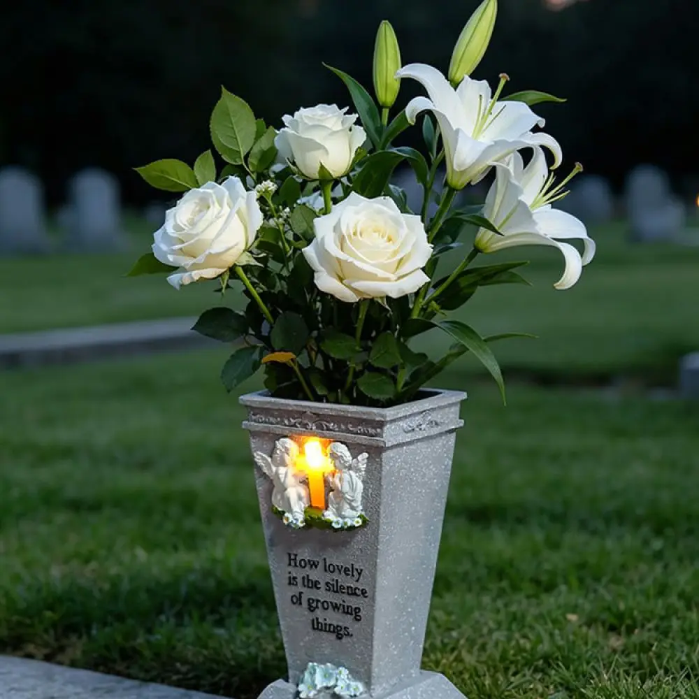 Angel Cross Memorial Grave Vase Solar Powered Outdoor Commemorative Figurine Flower Container For Cemetery Yard Decor