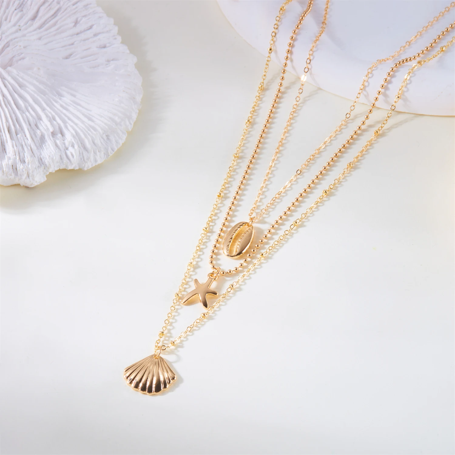 Bohemian Summer Starfish Shell Pearl Pendant Necklace for Women Trendy Gold Color Layered Chain Choker Beach Party Jewelry Gifts - view 2