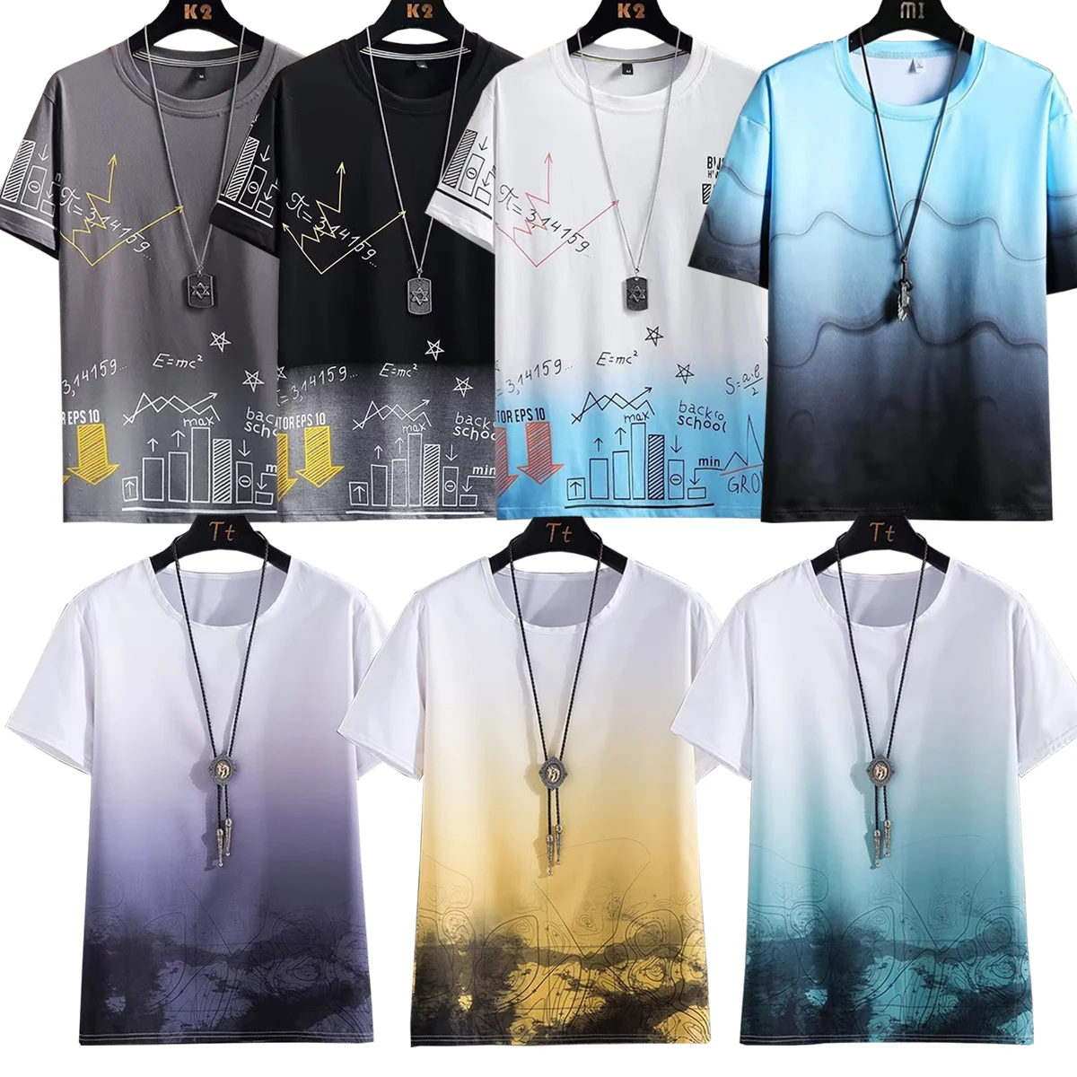 

Men's Round Neck Short Sleeved Shirt With Printed Landscape Letter Pattern Summer Casual Breathable Multiple Styles Choose From