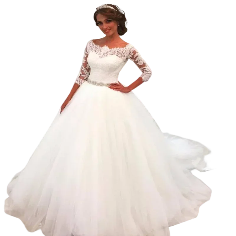 Customized Charming Off The Shoulder Ballgown Lace Appliques Bridal Dress Vestido De Noiva 3/4 Sleeves Bridal Gowns With Butt