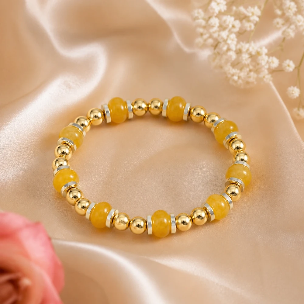 1pc Women's Trendy Beaded Strand Bracelet Yellow Resin Barrel Beads Gold Tone Copper Alloy Ball Beads Silver Tone Spacers