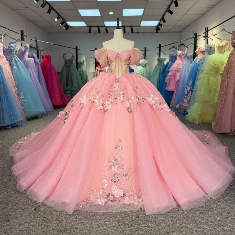 

Розовые блестящие платья Quinceanera с открытыми плечами, аппликация, цветок, бисер, кристалл, тюль, корсет, вечерние, день рождения, милое платье 16, Vestid