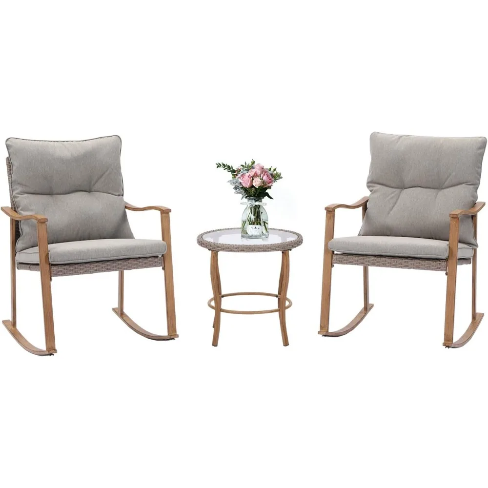 

Outdoor 3-Piece Rocking Bistro Set, Modern Patio Woodgrain Furniture Set w Cushion, Glass Coffee Table